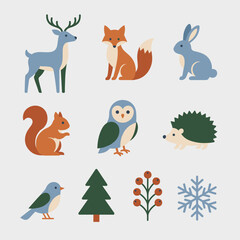 Fototapeta premium Cute Winter Forest Animals and Symbols Collection Flat Design