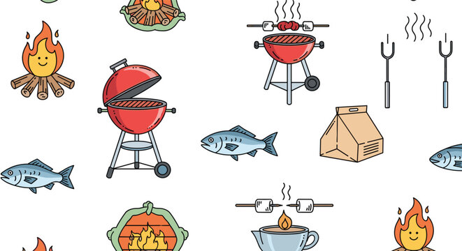 Colorful seamless pattern showcasing various barbecue elements including red kettle grills grilled fish campfires and marshmallows on sticks.