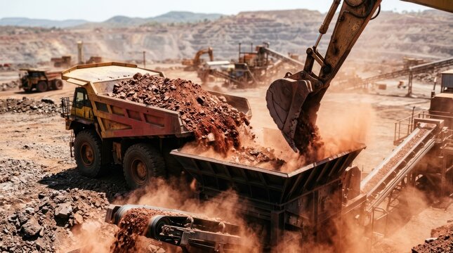 Haul truck dumping red iron ore into a crusher beside an excavator and dust-covered conveyor belts at a busy mining site