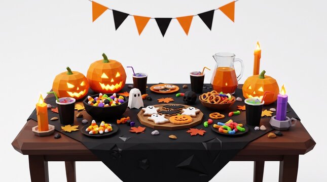Low Poly Halloween Party Table Setting With Pumpkins Cookies Candy And Drinks