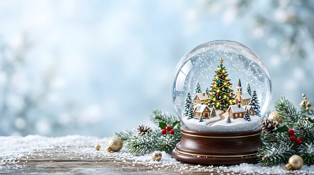 Magical winter scene inside a glass snow globe with a festive village and snowy forest background