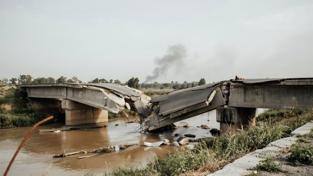 Damaged concrete highway bridge collapse with broken segments over muddy water