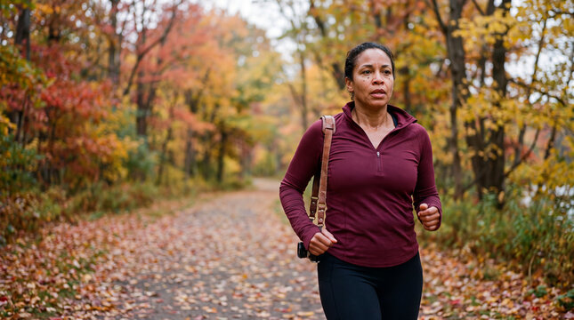 A healthy woman jogging on a leafy autumn trail for active fall fitness and outdoor wellness lifestyle content.