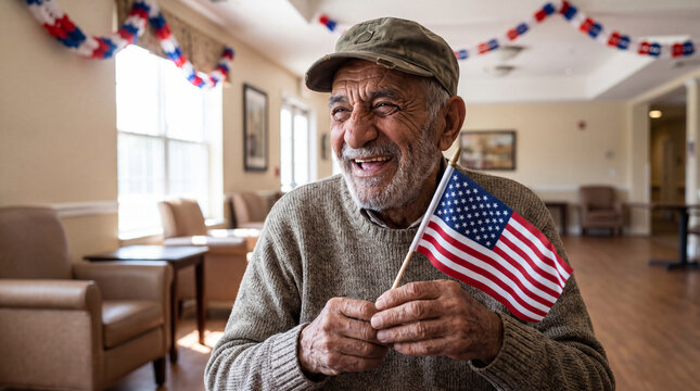A proud elderly Middle Eastern male veteran laughs while holding an American flag in a nursing home activity room decorated for Veterans Day social media posts.