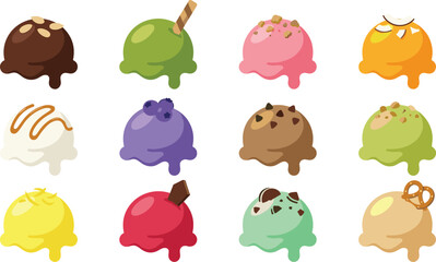 Fototapeta premium Colorful ice cream scoops set, sweet frozen desserts featuring various flavors for summer menu vector graphic