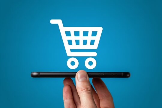 Hand holding a smartphone displaying a white shopping cart icon against a solid blue background