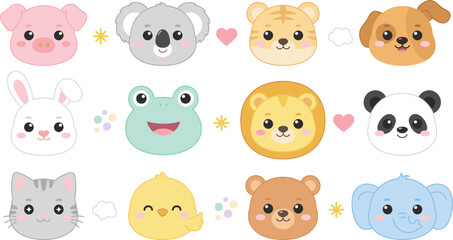 Fototapeta premium Cute Animal Avatar Vector Set Featuring Cartoon Faces of Pig Koala Tiger Dog Rabbit Frog Lion Panda Cat Chick Bear and Elephant for Nursery Designs