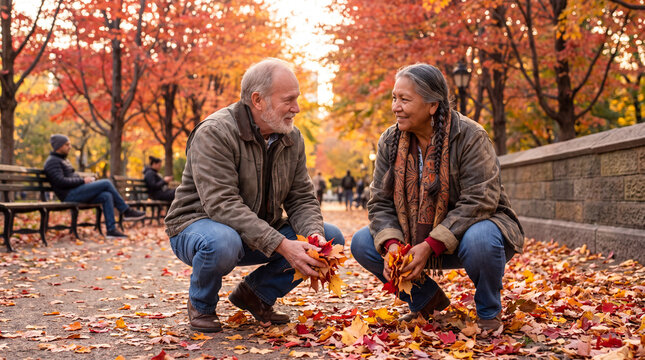 A senior couple collects colorful fallen leaves in a sunny autumn city park for wellness and family lifestyle content.