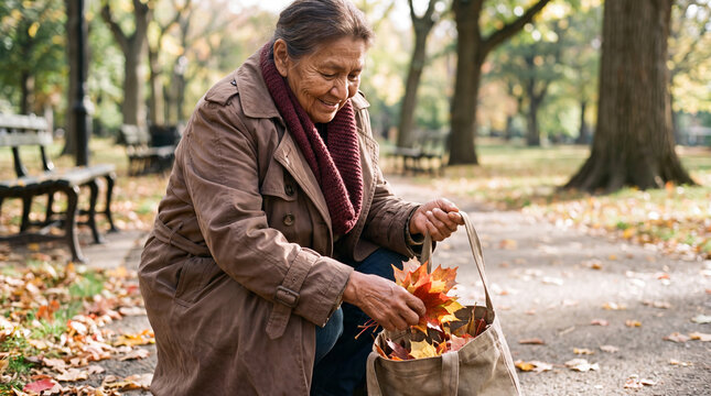 A peaceful senior woman collecting colorful autumn leaves in a park for mindful fall wellness and healthy lifestyle content.