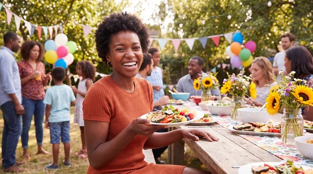 African American woman holding a plate of food at an outdoor party with colorful decorations and guests enjoying a summer gathering