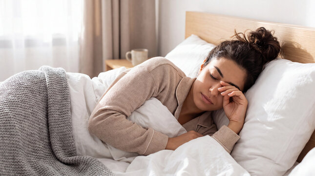 Woman rubbing her eye while lying in bed, cozy blankets and soft pillows surrounding her in a bright, serene bedroom setting
