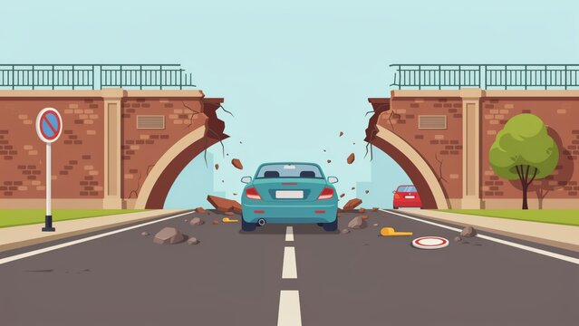 Broken bridge over road with cars