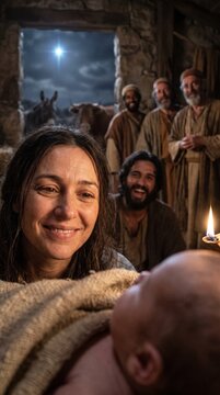 Cena da Nascimento do Menino Jesus, Rec&eacute;m-nascido Observando Maria, Jos&eacute; e os Tr&ecirc;s Reis Magos no Pres&eacute;pio na Noite de Natal