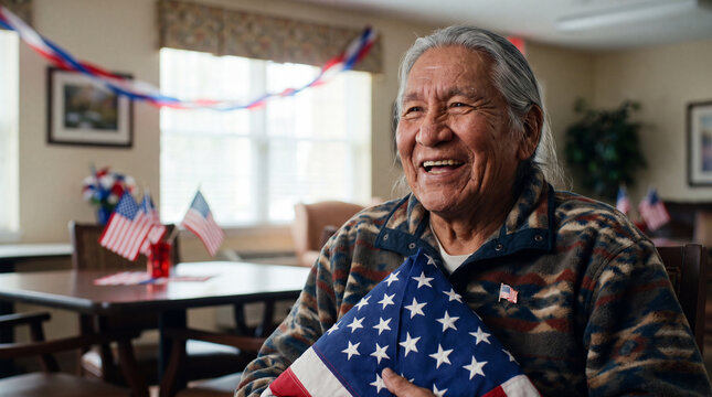 A smiling elderly Indigenous male veteran holds an American flag in a nursing home activity room with patriotic garlands for Veterans Day community event posters.