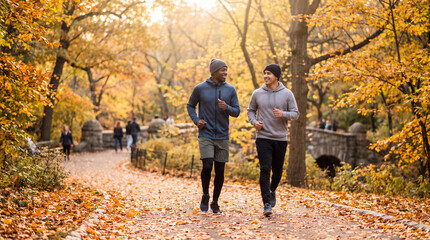 Obraz premium Two young men jog together through a vibrant autumn park for fitness, health, and active lifestyle advertising.