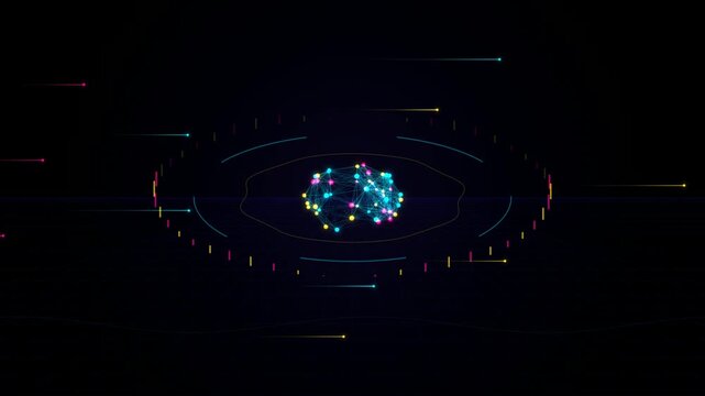 Glowing Digital Neural Network Sphere with Data Particle Streams in a Futuristic Cybernetic Grid Spa