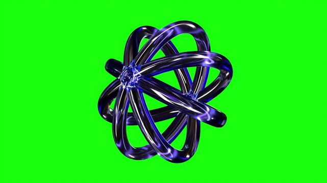 Blue Glass Abstract Atom Sphere 3D Shape with Interlocking Rings on Green Screen &ndash; Seamless 4K Loop