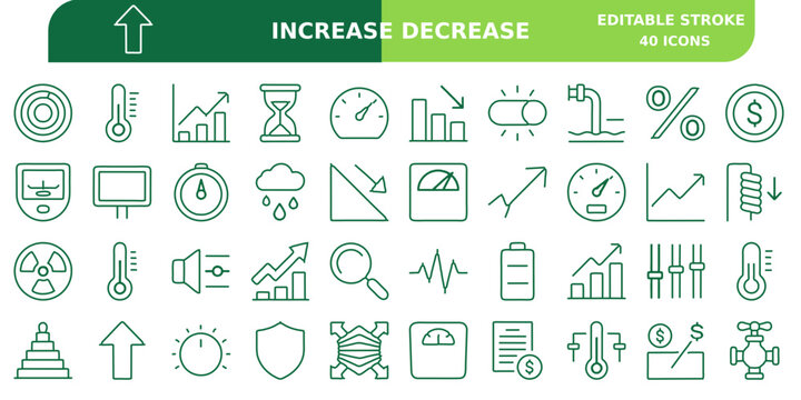 Set of forty increase decrease vector outline icons featuring editable stroke for data analytics business growth and financial market trend analysis