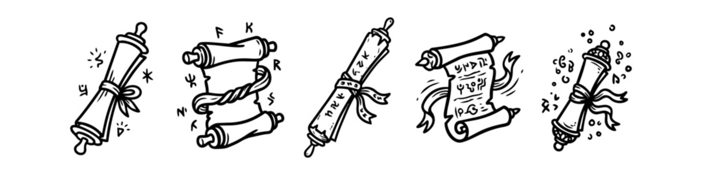Set of magical fantasy scrolls and ancient parchment rolled manuscripts with runes and ribbons. Hand drawn black and white doodle outline vector illustration.