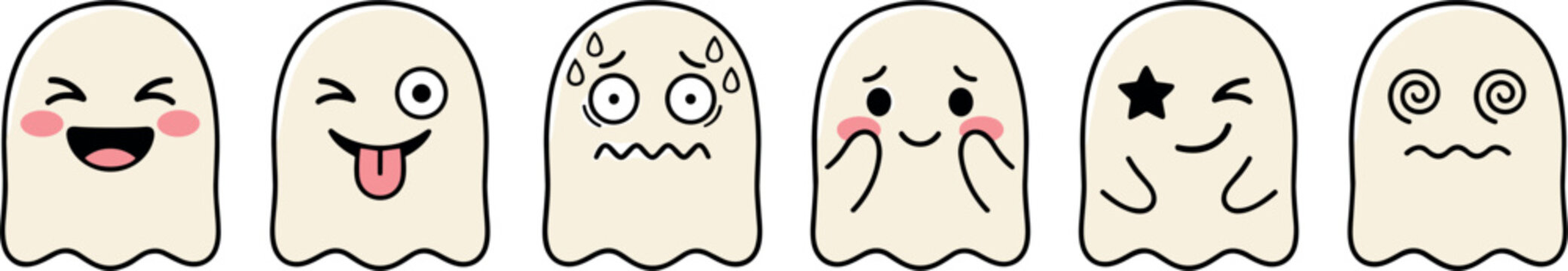 Cute Halloween ghost emoji vector icon set featuring colorful cartoon spooky phantoms with various funny facial expressions and emotions