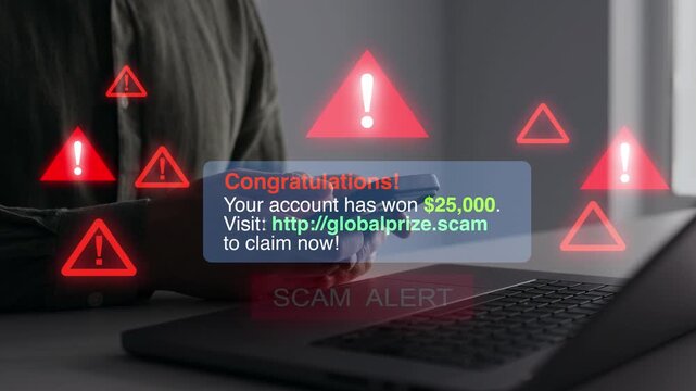 Financial scam alert concept showing fraudulent message on smartphone screen. Warning about phishing attacks, fake notifications, identity theft and online payment fraud targeting consumers.