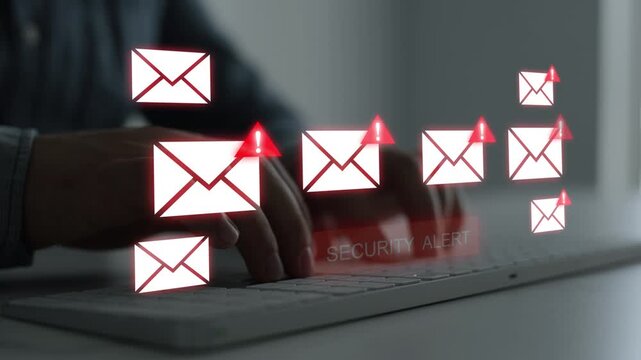 Email documents hacks, phishing attacks and virus alerts. Online fraud and cyber threats.Digital screen showing scam and spam emails.	
