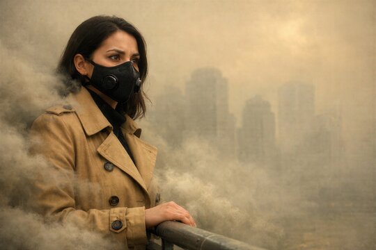 Atmospheric pollution urban smog crisis concept showing professional woman wearing protective mask on city bridge surrounded by toxic haze highlighting air quality emergency health risk