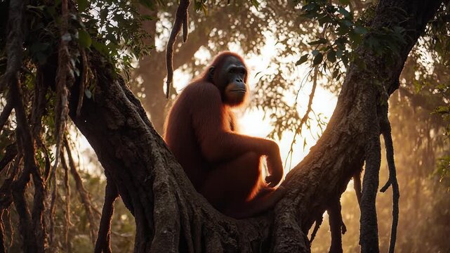 Wild orangutan sitting peacefully on a large tropical tree branch in golden sunset light