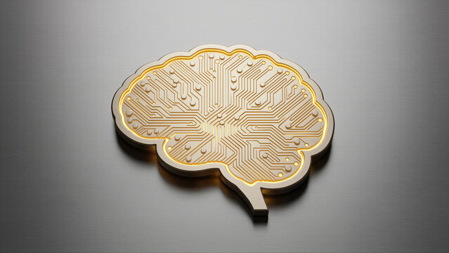 Electronic brain circuit glowing AI cloud golden smart cyber system future tech memory data network machine logic digital processor mind