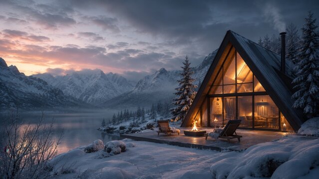 Cozy A frame cabin by snowy mountain lake at winter sunset with warm firelight and forest scenery