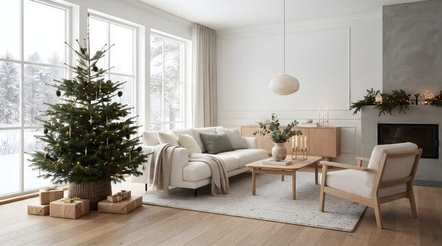 Minimalist luxury living room featuring a decorated Christmas tree, neutral furnishings, natural light, and sophisticated Scandinavian-inspired interior design.