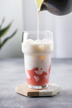 Iced Strawberry Matcha Latte in Glass