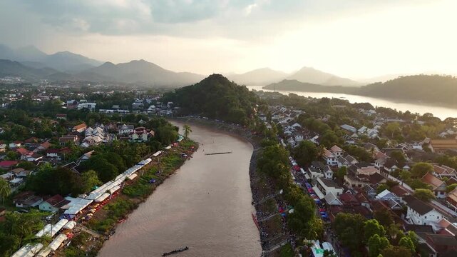 Top view Sunset in luang prabang city drone footage.