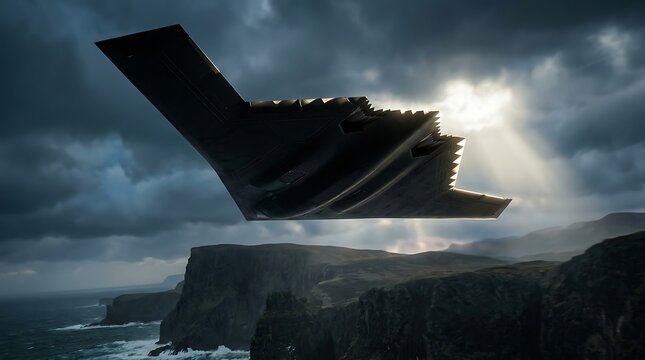 Advanced stealth bomber flying over rugged coastal cliffs during dramatic sunset with sun rays breaking through dark storm clouds creating cinematic atmosphere for military aviation concepts