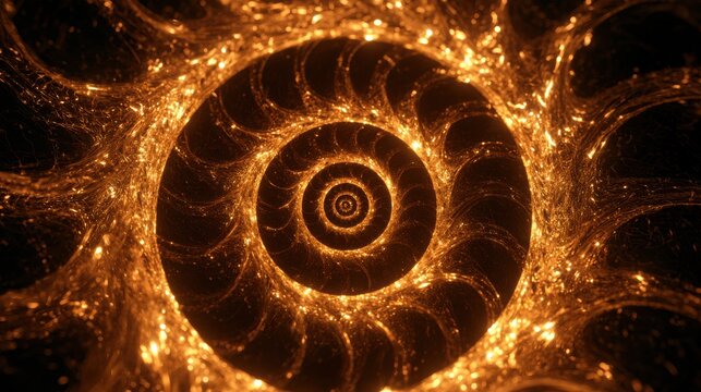 A glowing amber spiral expands from the center, showcasing the fibonacci growth pattern against a dark background in a geometric design.