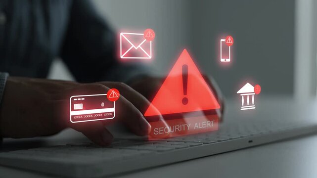 Security alert concept showing protected banking data, secure cloud documents and personal information privacy. Digital protection against cyber threats, fraud and unauthorized access.