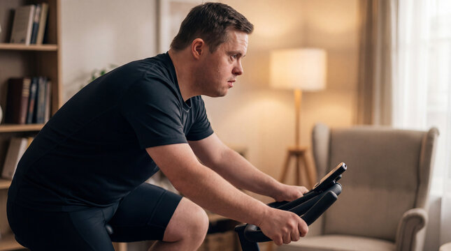 Man with Down syndrome cycling on a stationary bike in his living room, focused on fitness and well being during a home workout that promotes inclusion and active lifestyle