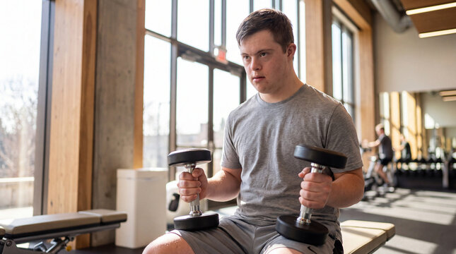 Young man with Down syndrome performs bicep curls with dumbbells, focusing on his workout in a bright modern gym, promoting inclusion, active living, and physical well being