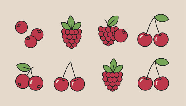 Grid of eight red berry cartoon icons including raspberries, cherries, and cranberries on a soft beige background.