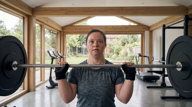 Woman with Down syndrome doing an intense workout in a modern home gym, lifting a heavy barbell with focus and determination, representing strength, inclusion, and wellness