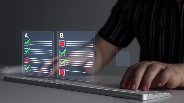 Online survey and exam interface with checkboxes, questionnaire forms and rating system. Concept of e-learning, assessment, feedback, research, quality control and data analysis.	
