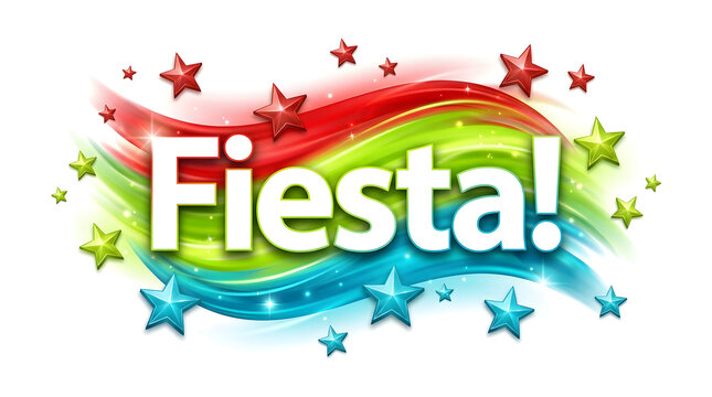 Colorful fiesta text design with vibrant stars and wavy background for party invitations and event branding