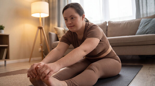 Young woman with Down syndrome performing a yoga stretching routine on a mat in her living room, actively focusing on her physical health and well being