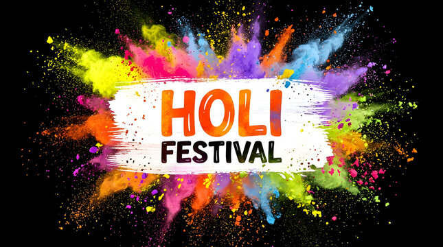 Colorful holi festival celebration with vibrant powder clouds and bold white text