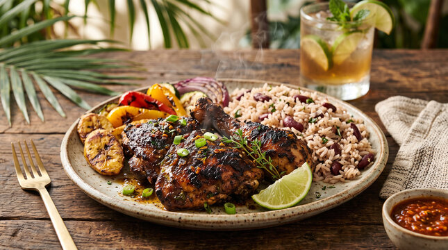 traditional Caribbean jerk chicken meal served with rice and peas, fried plantains, and grilled vegetables