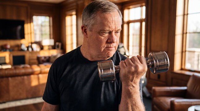 Senior man with Down syndrome performing a bicep curl with a dumbbell at home, embodying determination and focus while engaging in physical fitness and a healthy lifestyle