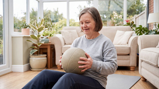 Senior woman with Down syndrome performing an exercise routine at home, holding a medicine ball while sitting on a yoga mat, promoting healthy aging and inclusive fitness