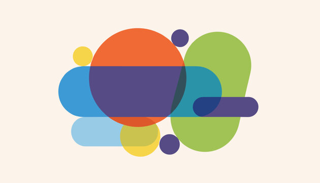 Modern abstract background with overlapping colorful geometric translucent shapes and rounded oblong elements.