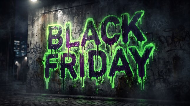 Vibrant black friday graffiti art with a dark urban street background