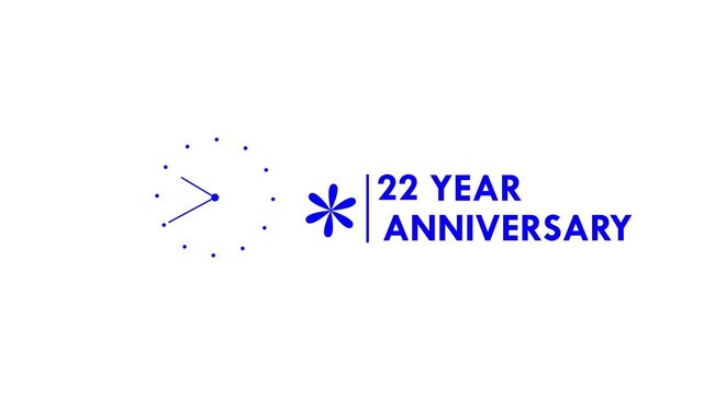 22 years anniversary motion graphic 4K footage with Blue Floral Star Abstract Logo Icon. Animated 22 years Birthday Wishes on White Background with alpha channel